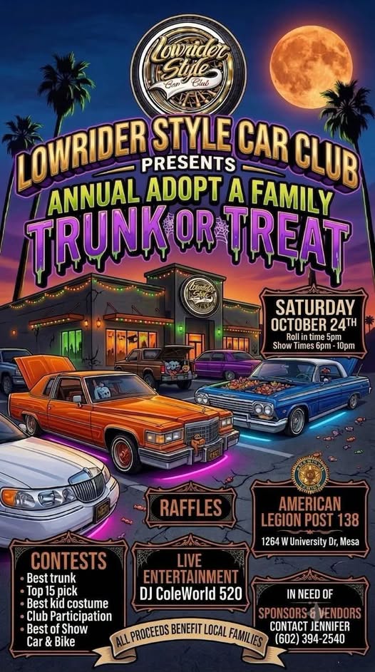 Flyer for Lowrider Style Car Club Annual Adopt A Family Trunk or Treat