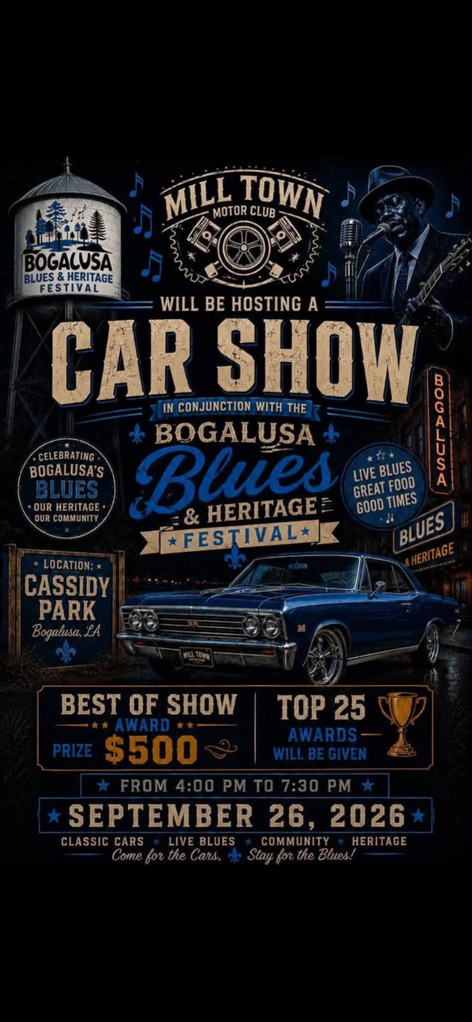 Mill Town Motor Club Car Show - Bogalusa Blues & Heritage Festival flyer