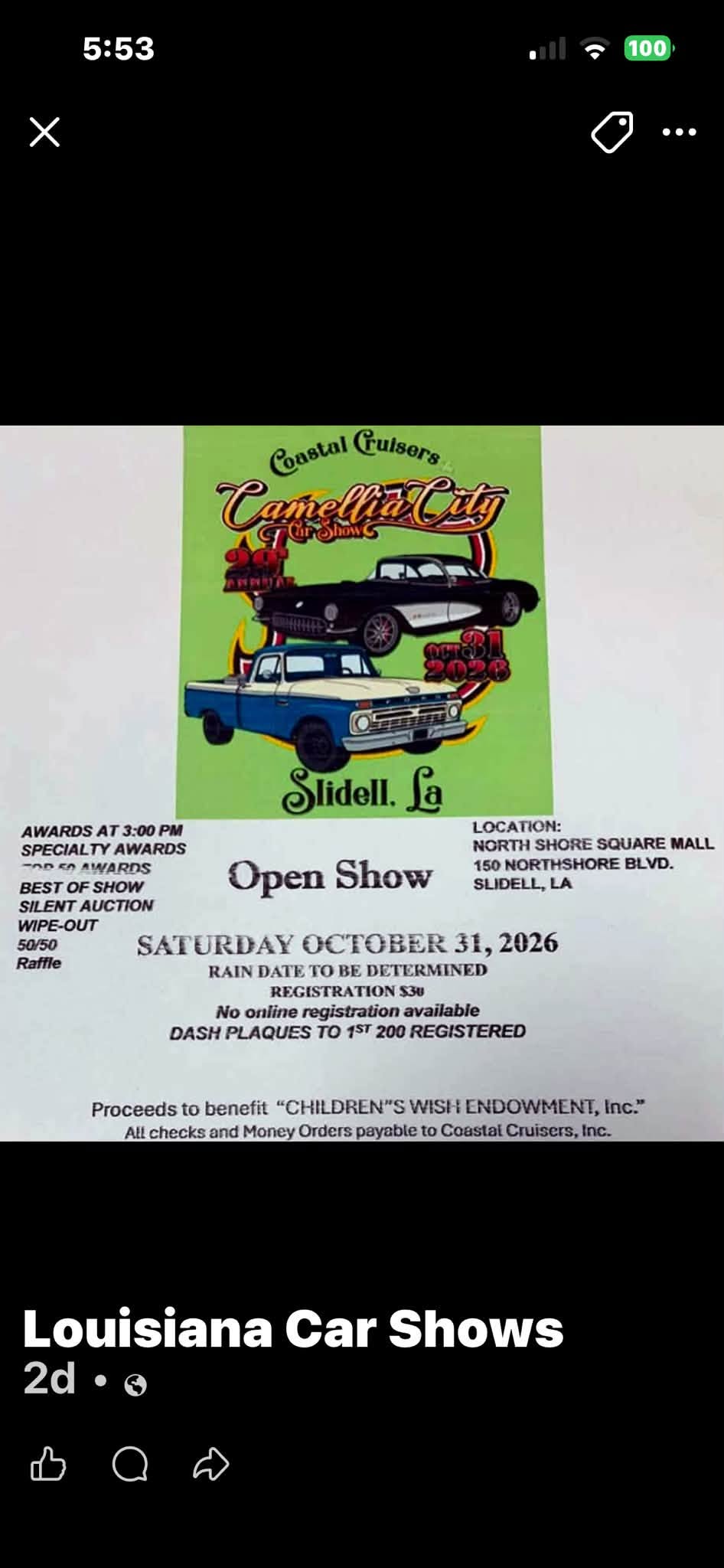 Flyer for Coastal Cruisers Camellia City Car Show