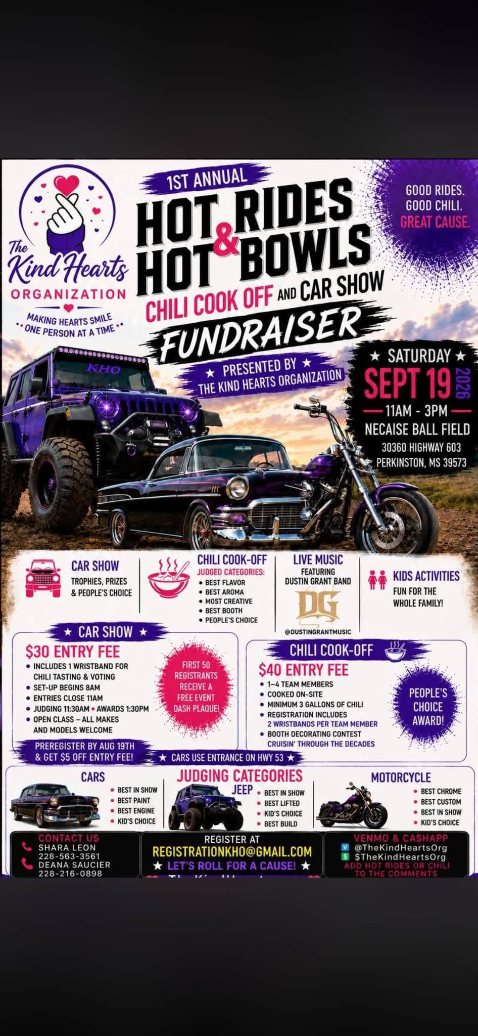 1st Annual Hot Rides & Hot Bowls Chili Cook Off and Car Show Fundraiser flyer
