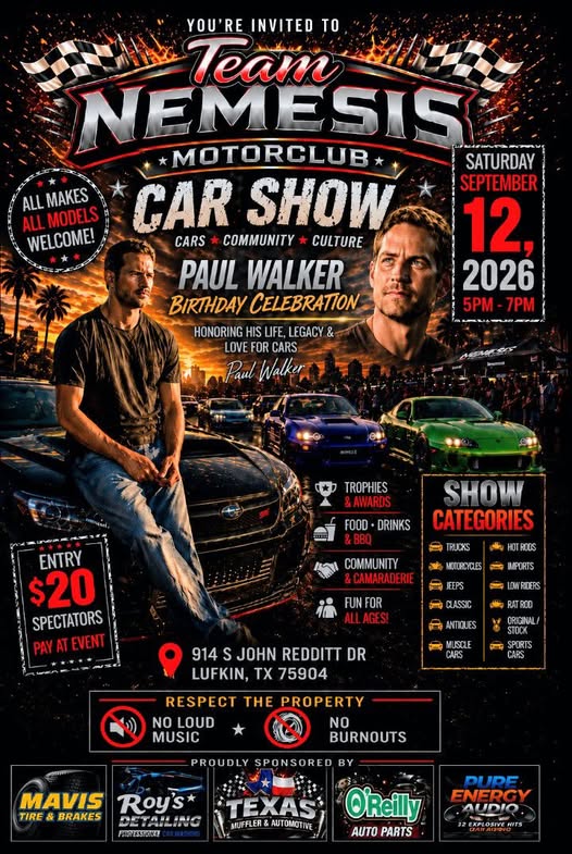 Team Nemesis Motorclub Car Show - Paul Walker Birthday Celebration flyer
