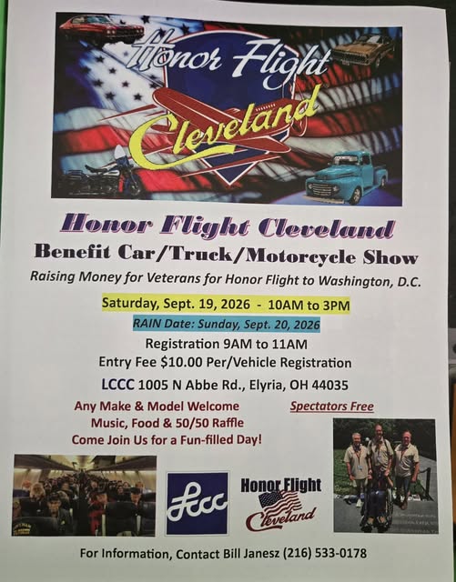 Honor Flight Cleveland Benefit Car/Truck/Motorcycle Show flyer