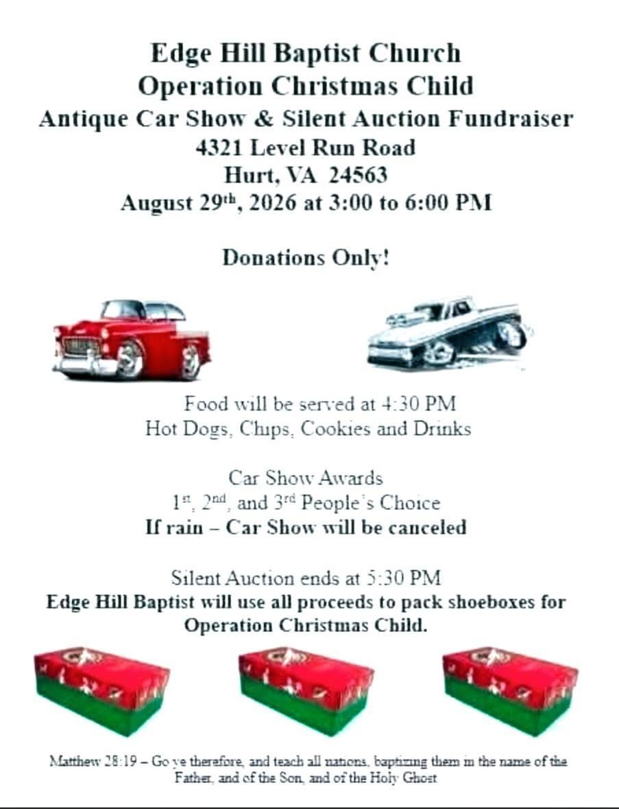 Edge Hill Baptist Church Operation Christmas Child Antique Car Show & Silent Auction Fundraiser flyer