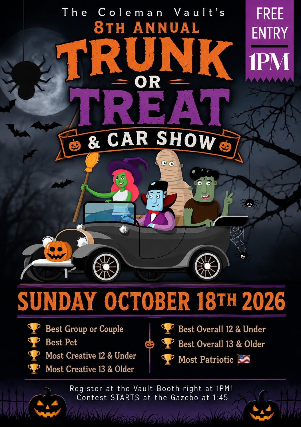 Flyer for The Coleman Vault's 8th Annual Trunk or Treat & Car Show