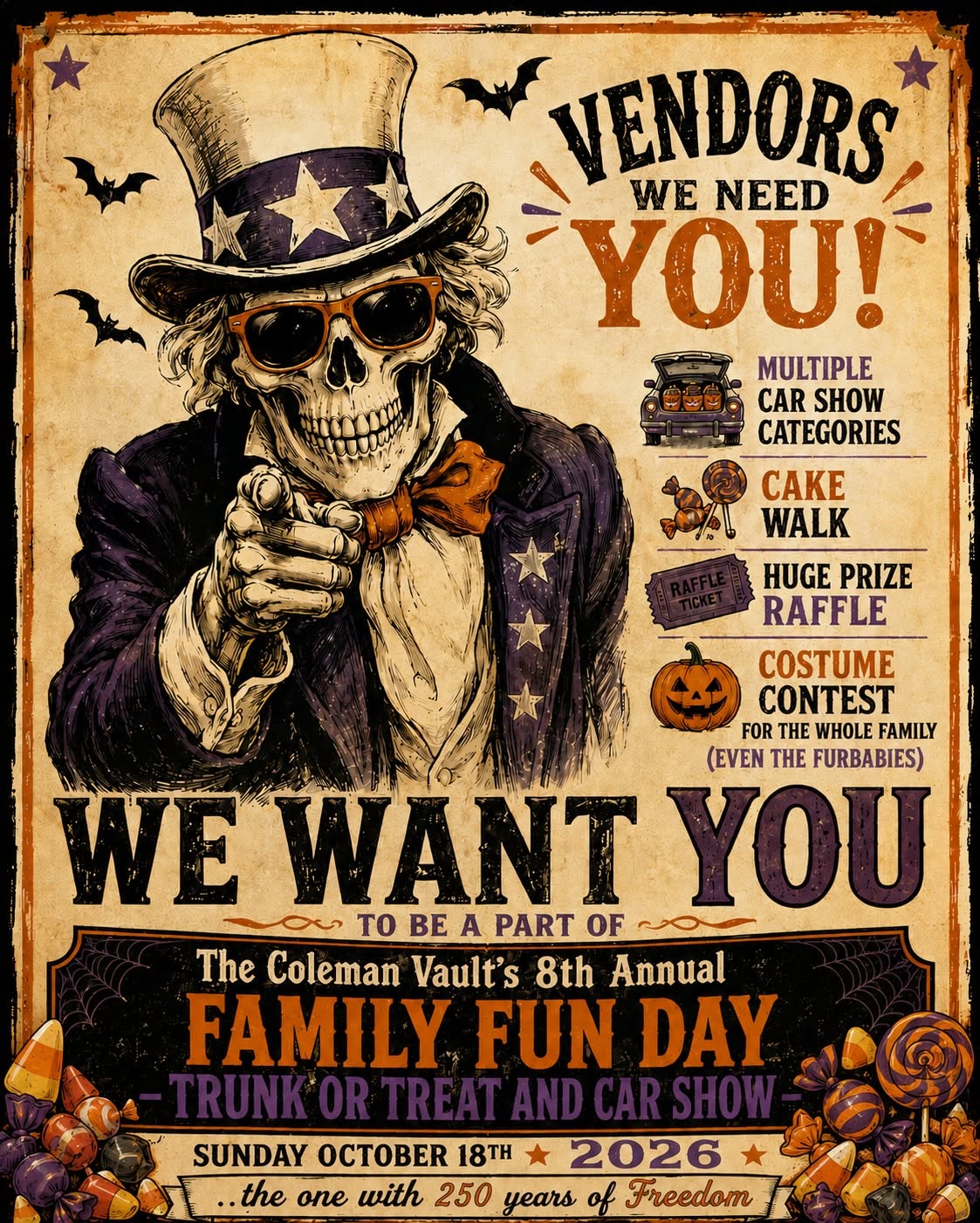 Flyer for The Coleman Vault's 8th Annual Family Fun Day - Trunk or Treat and Car Show
