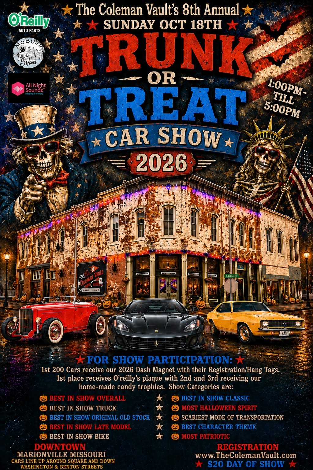 Flyer for The Coleman Vault's 8th Annual Trunk or Treat Car Show 2026