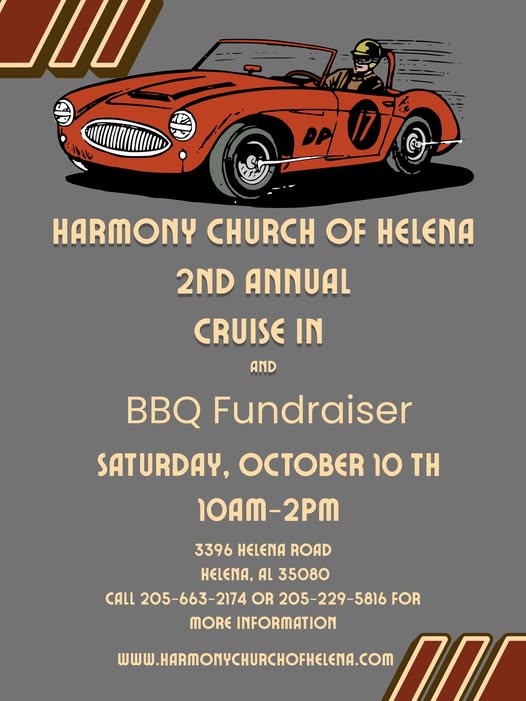 Flyer for Harmony Church of Helena 2nd Annual Cruise In and BBQ Fundraiser