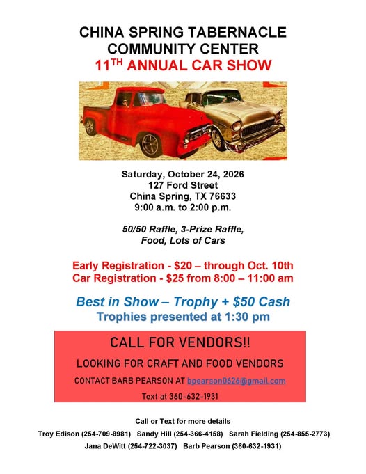 Flyer for China Spring Tabernacle Community Center 11th Annual Car Show