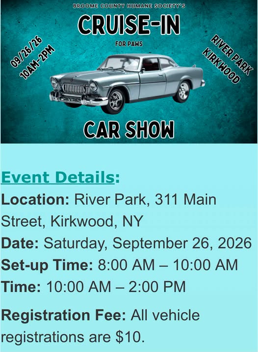 Broome County Humane Society's Cruise-In for Paws Car Show flyer
