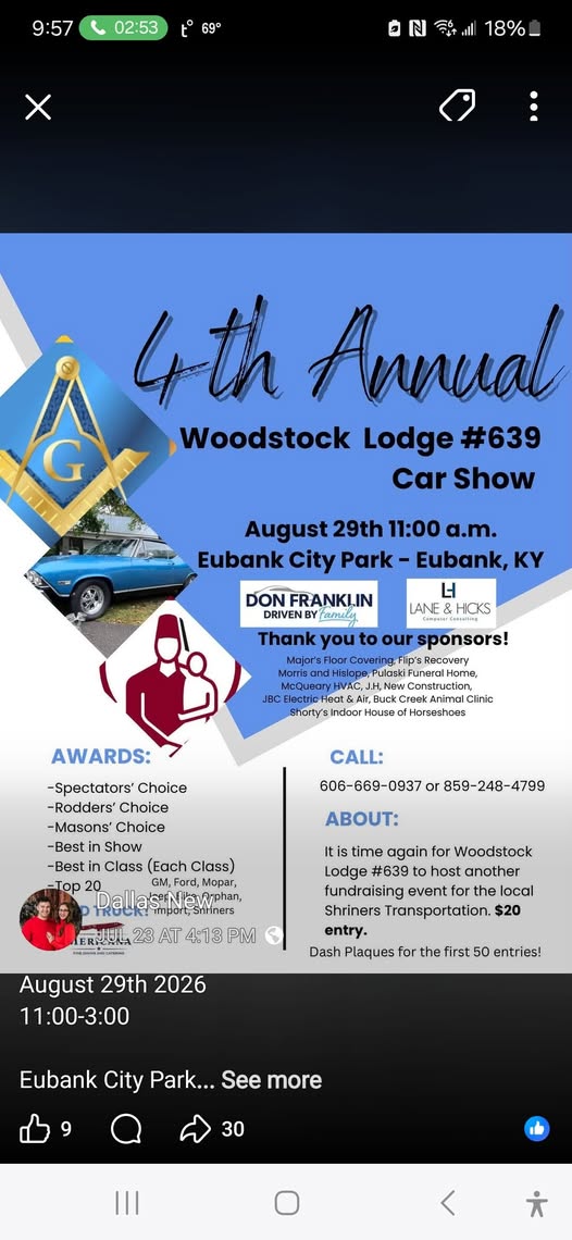 4th Annual Woodstock Lodge #639 Car Show flyer