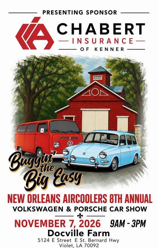 Flyer for New Orleans Aircoolers 8th Annual Volkswagen & Porsche Car Show