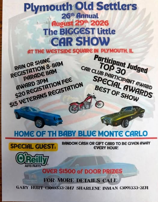 Plymouth Old Settlers 23rd Annual BIGGEST little CAR SHOW flyer