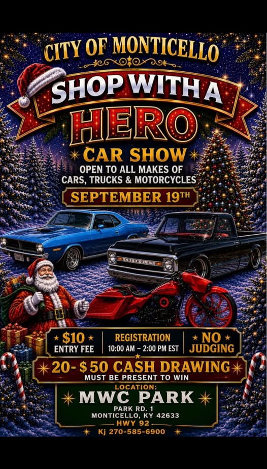 City of Monticello Shop with a Hero Car Show flyer
