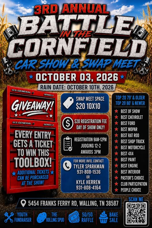 3rd Annual Battle in the Cornfield Car Show & Swap Meet flyer