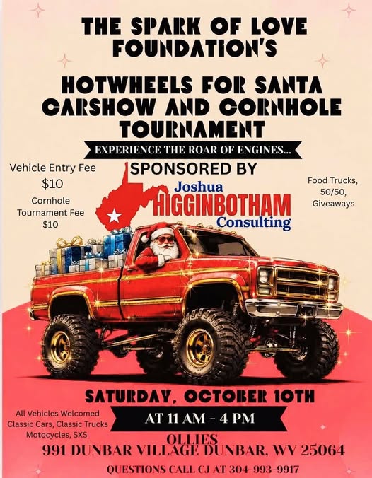Flyer for The Spark of Love Foundation's Hotwheels for Santa Carshow and Cornhole Tournament
