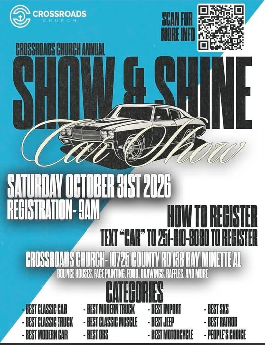 Flyer for Crossroads Church Annual Show & Shine Car Bash