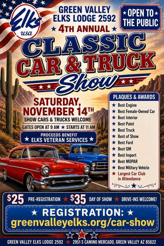 Flyer for Green Valley Elks Lodge 2592 4th Annual Classic Car & Truck Show