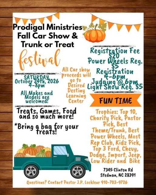 Flyer for Prodigal Ministries Fall Car Show & Trunk or Treat Festival