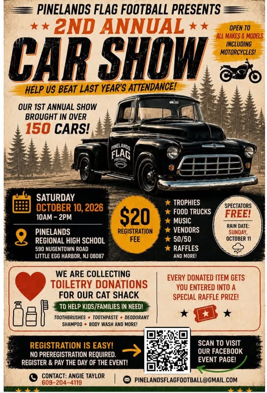 Flyer for 2nd Annual Car Show - Pinelands Flag Football
