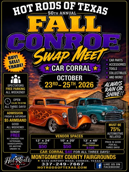 Flyer for Hot Rods of Texas 50th Annual Fall Conroe Swap Meet