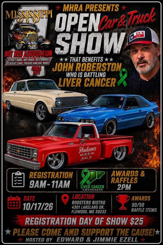 Flyer for MHRA Open Car & Truck Show Benefiting John Pilkington Who Is Battling Liver Cancer