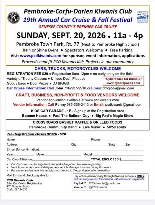 Pembroke-Corfu-Darien Kiwanis Club 19th Annual Car Cruise & Fall Festival flyer