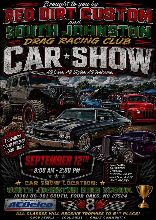 Red Dirt Custom and South Johnston Drag Racing Club Car Show flyer