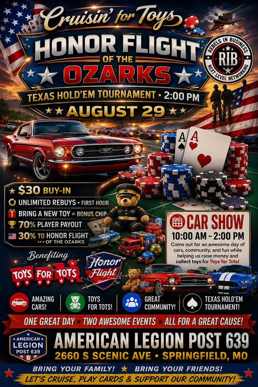 Cruisin for Toys Honor Flight of the Ozarks Texas Hold'em Tournament flyer