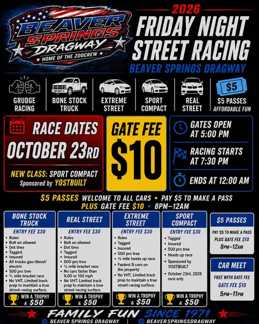 Flyer for 2026 Friday Night Street Racing