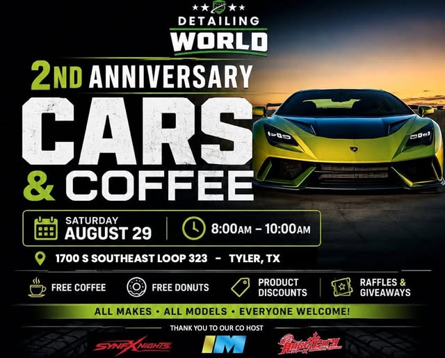 Detailing World 2nd Anniversary Cars & Coffee flyer