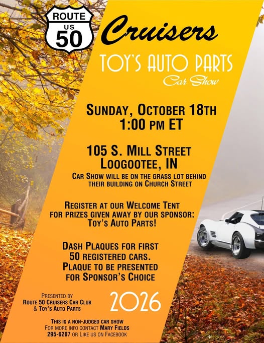 Flyer for Route 50 Cruisers Car Show at Toy's Auto Parts