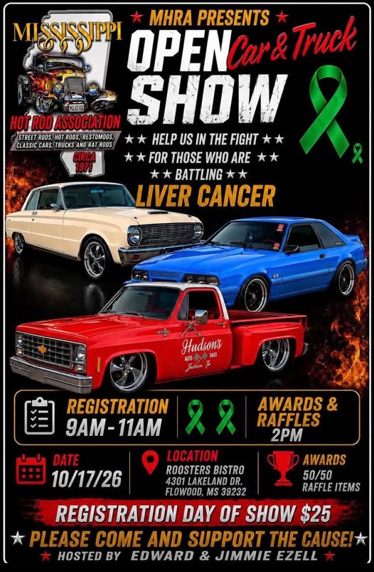 Flyer for MHRA Presents Mississippi Open Car & Truck Show
