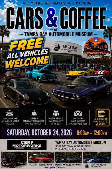 Flyer for Cars & Coffee at Tampa Bay Automobile Museum