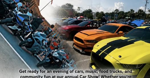 Flyer for Cars, Music, Food Trucks, and Community Fun at the Local Car Show