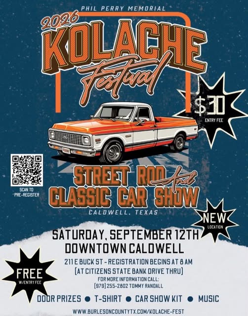 2026 Kolache Festival Phil Perry Memorial Street Rod & Classic Car Show flyer