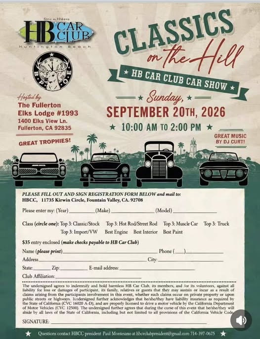 Classics on the Hill HB Car Club Car Show flyer