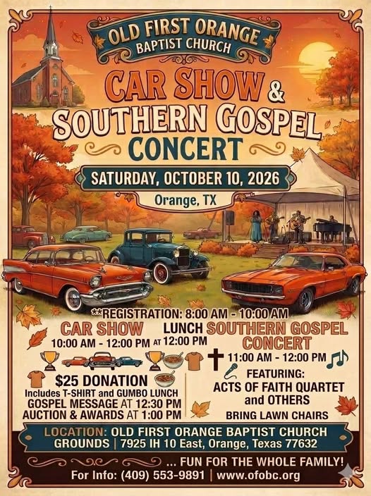 Flyer for Old First Orange Baptist Church Car Show & Southern Gospel Concert