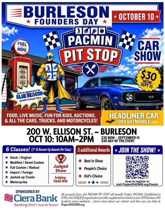 Flyer for Burleson Founders Day PACMIN Pit Stop Car Show