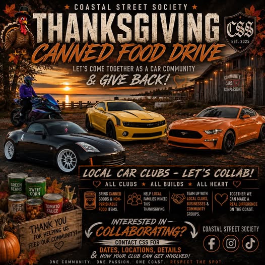 Flyer for Coastal Street Society Thanksgiving Canned Food Drive
