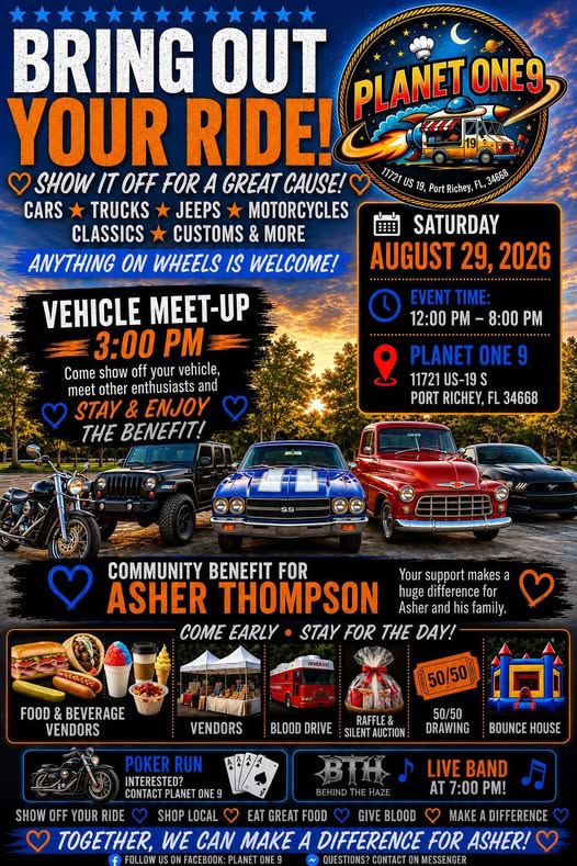 Planet One 9 Car Show - Community Benefit for Asher Thompson flyer