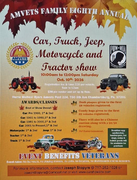 Flyer for Amvets Family Eighth Annual Car, Truck, Jeep, Motorcycle and Tractor Show