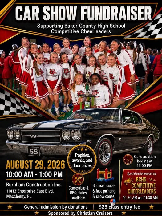 Car Show Fundraiser Supporting Baker County High School Competitive Cheerleaders flyer