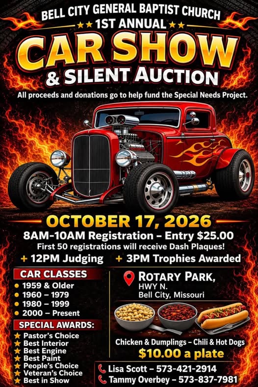 Flyer for Bell City General Baptist Church 1st Annual Car Show & Silent Auction