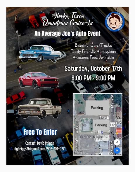 Flyer for Hooks, Texas Downtown Cruise-In — An Average Joe's Auto Event