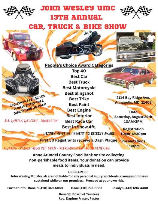 John Wesley UMC 13th Annual Car, Truck & Bike Show flyer