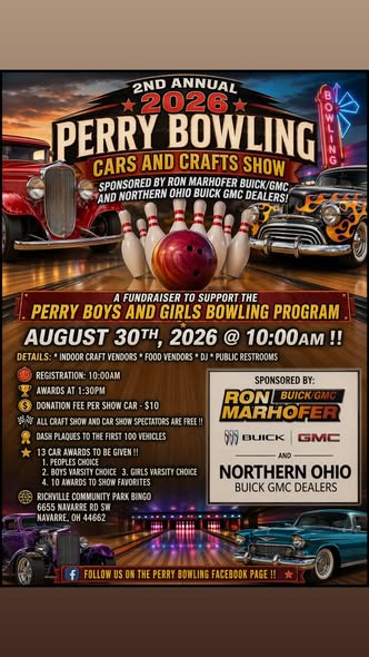 2nd Annual 2026 Perry Bowling Cars and Crafts Show flyer