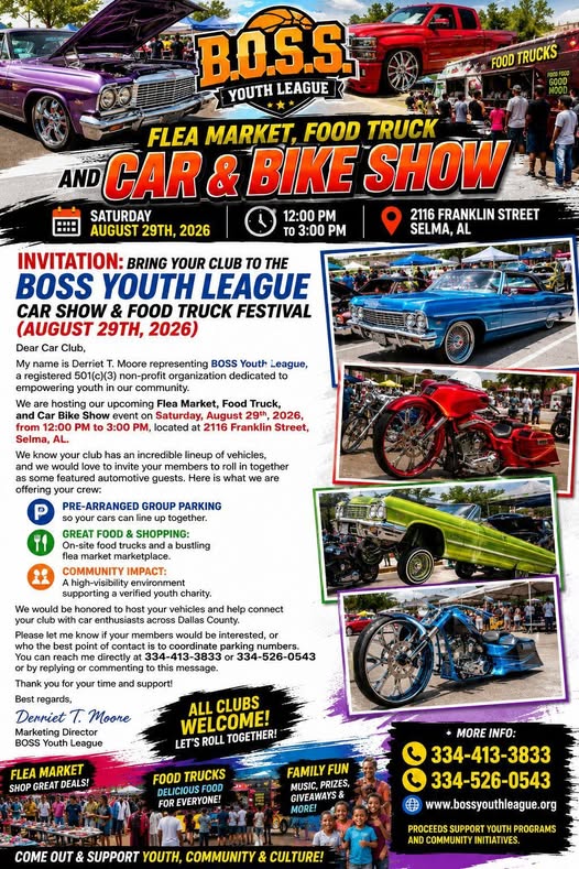 B.O.S.S. Youth League Flea Market, Food Truck and Car & Bike Show flyer