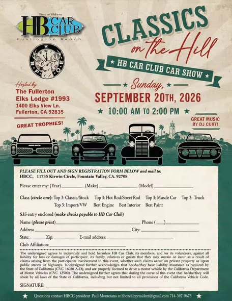 Classics on the Hill HB Car Club Car Show flyer