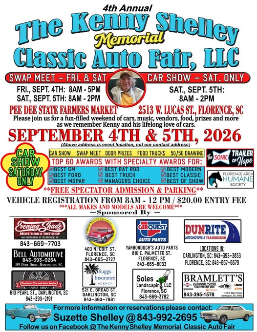 4th Annual The Kenny Shelley Memorial Classic Auto Fair, LLC flyer