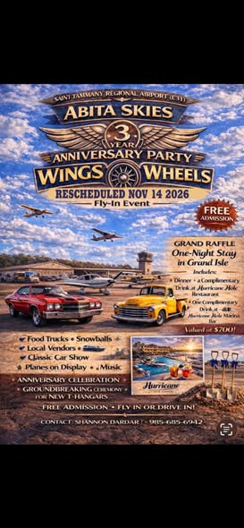 Flyer for ABITA SKIES 3RD ANNIVERSARY PARTY - WINGS & WHEELS FLY-IN EVENT